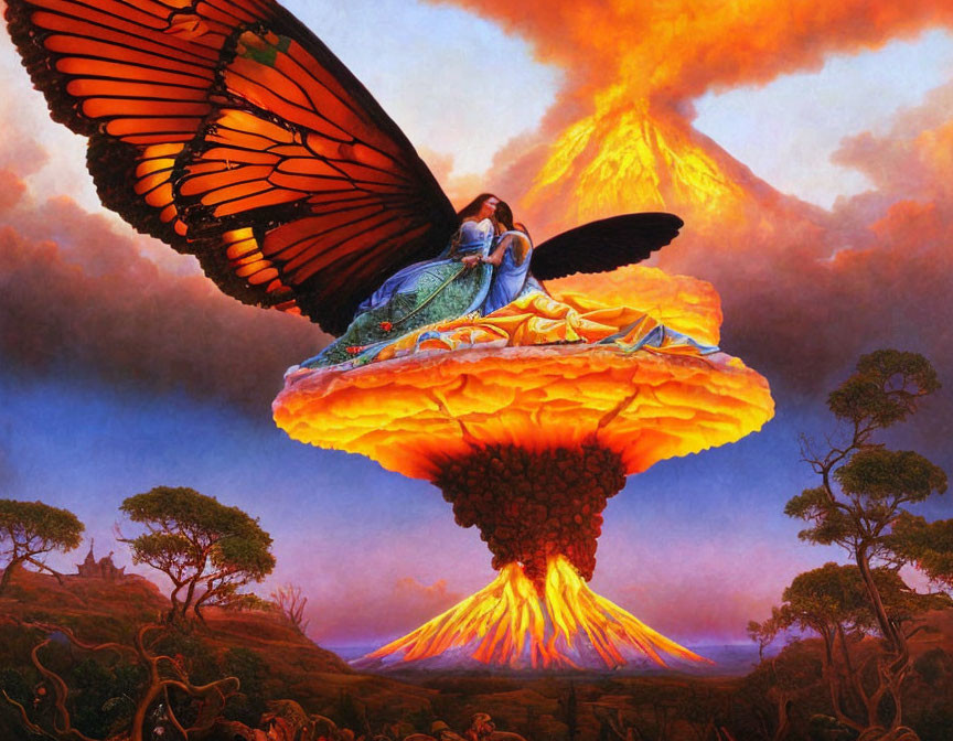 Giant butterfly atop erupting volcano with person in flowing dress in vivid landscape