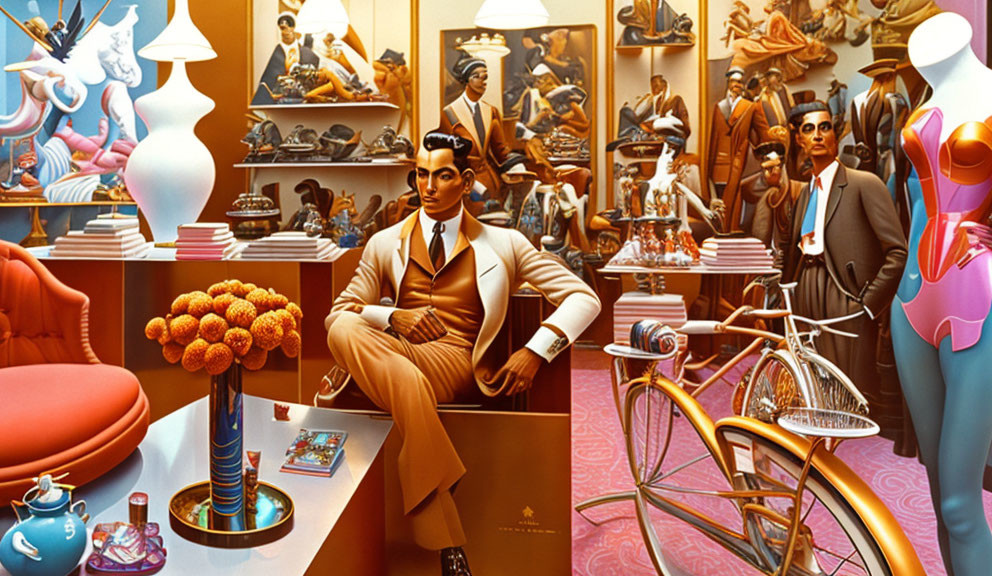 Stylish man in suit surrounded by vibrant, surreal scene