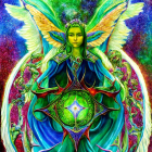 Colorful winged figure in blue and green robes with glowing talisman in cosmic setting