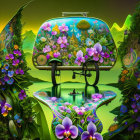 Vibrant floral landscape with floating carriage over water