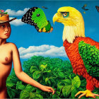 Surreal painting featuring shirtless person, fruit-adorned hat, and oversized parrot