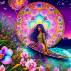 Colorful Mandala Artwork of Woman Surrounded by Flowers and Twilight Sky