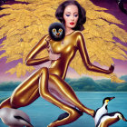 Stylized illustration of woman in gold suit with penguins and birds