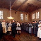 Elegantly dressed historical figures in a spacious room