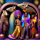 Detailed fantasy illustration: humanoid creatures, dragons, ornate eggs, and two women in colorful costumes in