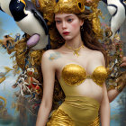 Fantasy Artwork: Two Women in Golden Armor with Surreal Animals