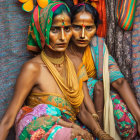 Artwork of two women with conjoined faces and a bull, adorned with gold jewelry