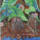 Fantastical artwork of two dark-skinned women in golden armor near jungle leaves and water creature