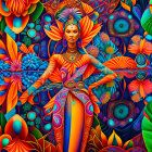 Vibrant Woman with Fruit and Floral Patterns