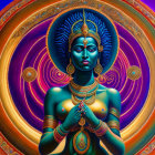 Digital artwork of a blue deity with four arms and ornate headdress