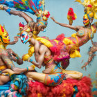 Vibrant scene of people in whimsical costumes and body paint posing in a theatrical setting