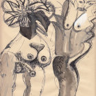 Surreal illustration of warrior woman, mystical trees, animals, and cosmic desert landscape