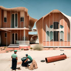 Surreal landscape with organic buildings and fantastical shapes by a beach