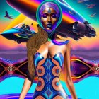 Vibrant digital artwork: Woman with intricate headpiece in surreal landscape