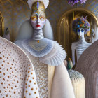 Surreal fashion scene: Two models in elaborate costumes against ornate backdrop