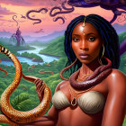 Woman with Blue Braids Holding Snake in Fantastical Jungle with Dragons