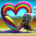 Colorful Heart-Shaped Structure with Peacock Figure and Landscape Background