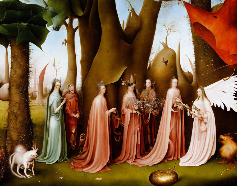 Ethereal figures in flowing robes with unicorn, egg, and white-winged figure in fantastical