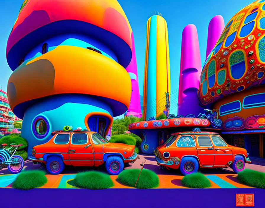 Colorful digital artwork featuring retro cars and mushroom-shaped buildings under blue sky