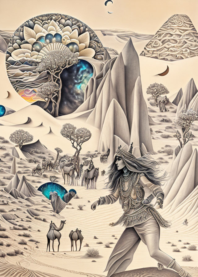 Surreal illustration of warrior woman, mystical trees, animals, and cosmic desert landscape