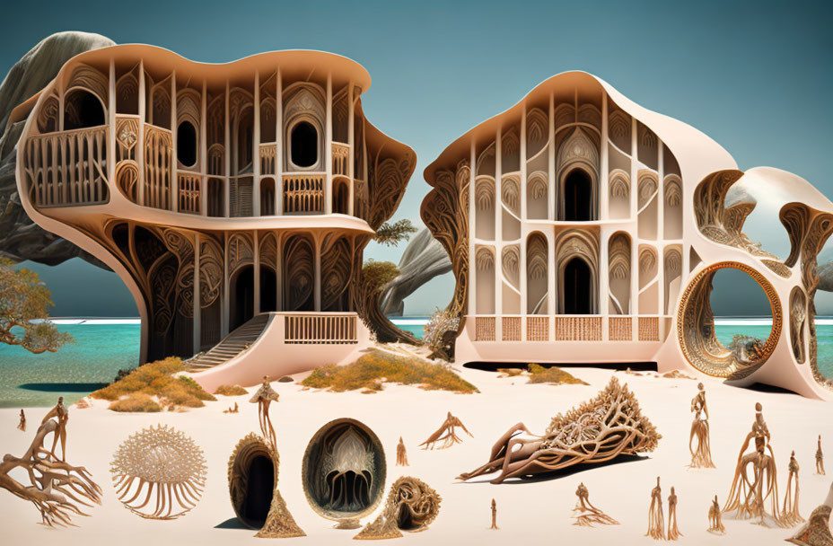 Surreal landscape with organic buildings and fantastical shapes by a beach