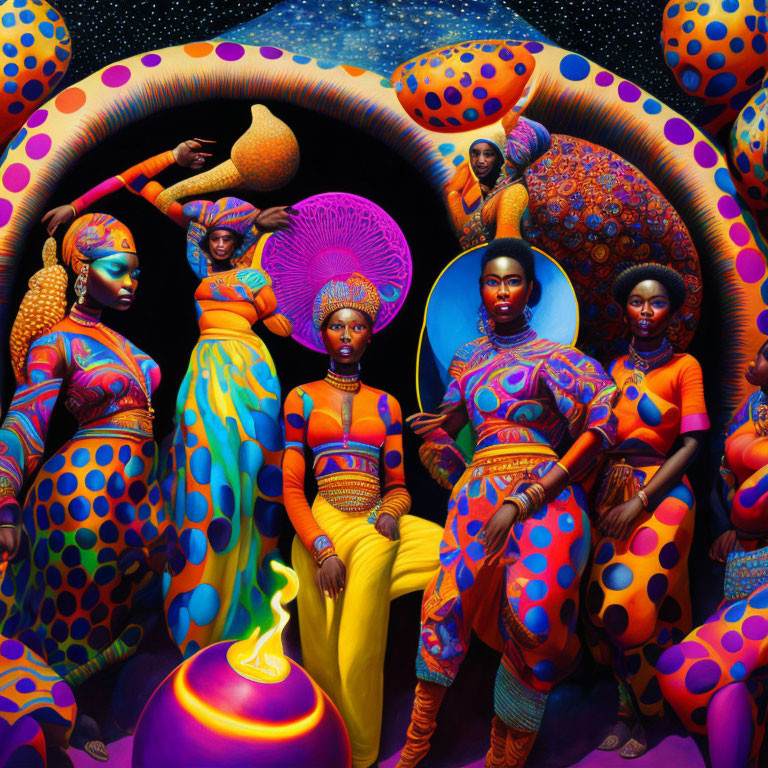 Colorful surreal portrait of women in cosmic setting