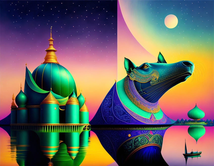 Colorful Artwork: Architectural Structure & Majestic Dog in Starry Scene