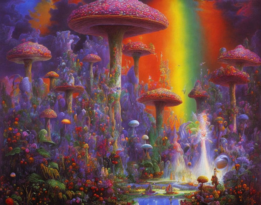 Fantasy landscape with oversized mushrooms, rainbow, flowers, waterfall, and magical orbs.