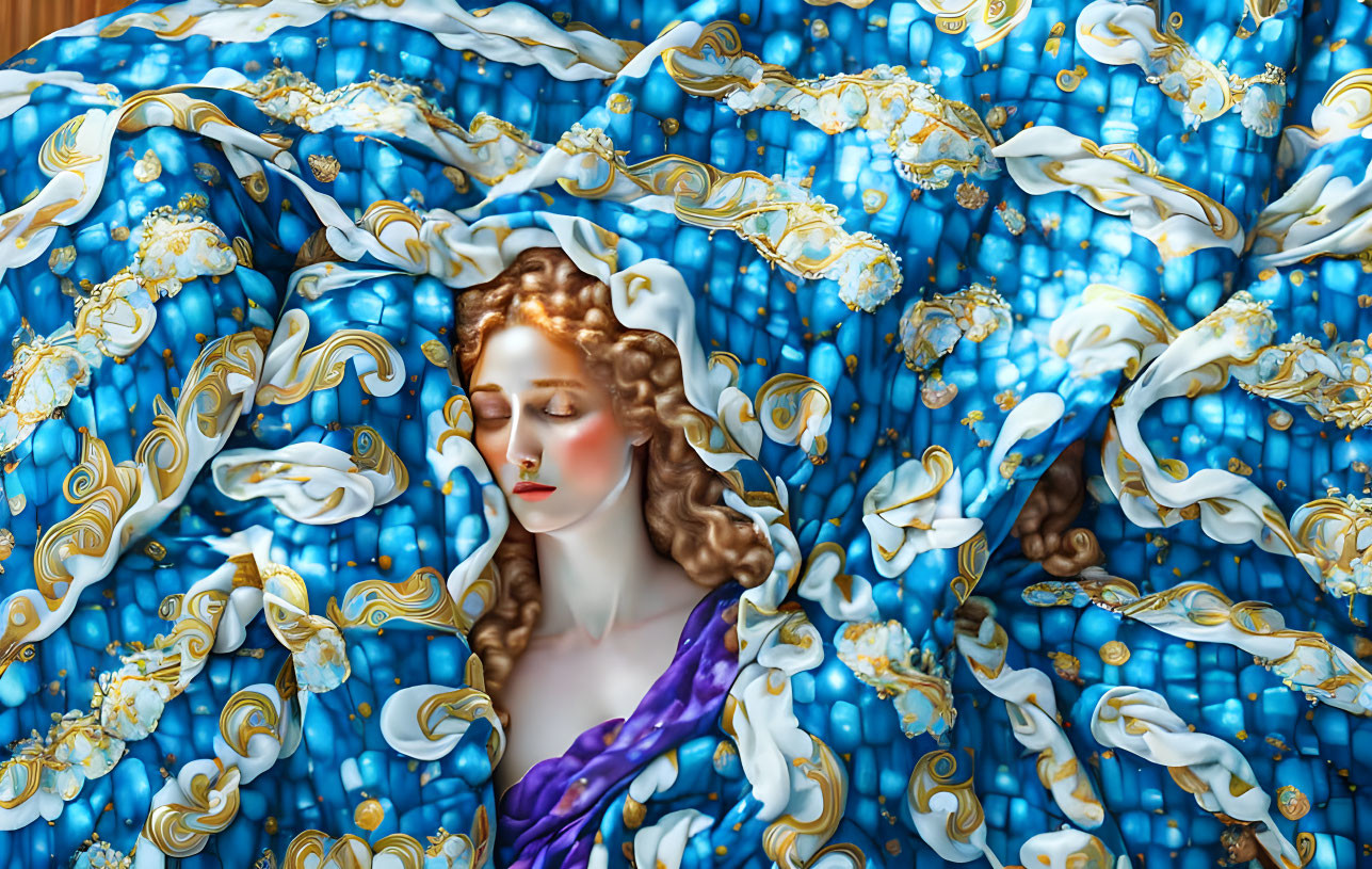 Serene woman in blue and gold fabrics with closed eyes