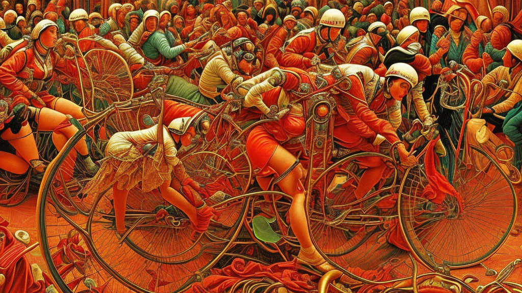 Detailed illustration: Orange and white racing cyclists in a crowded scene