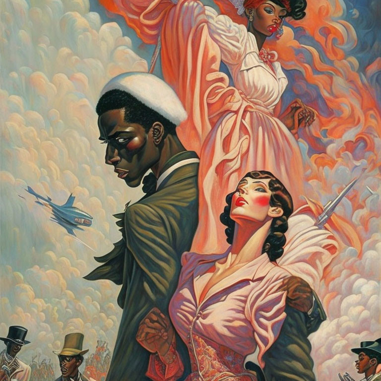 Illustration of two couples in vintage attire amidst dramatic heroism and tension