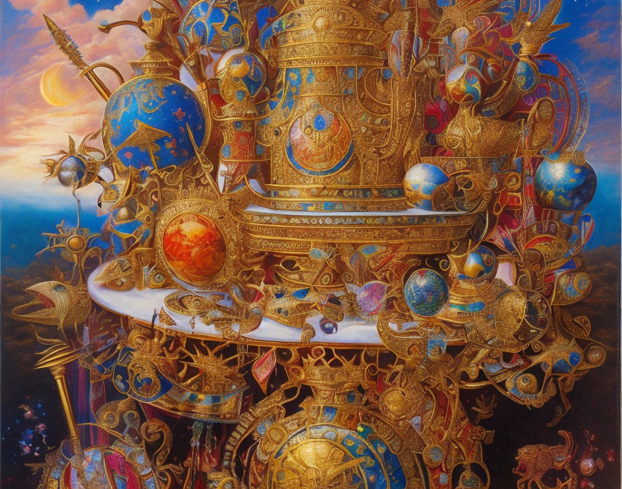 Intricate celestial and astronomical artwork with golden mechanical elements