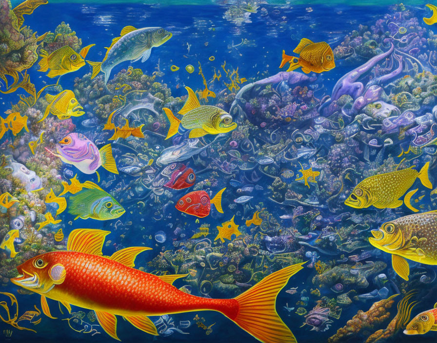 Colorful Fish Swimming Among Coral Reefs in Vibrant Underwater Scene