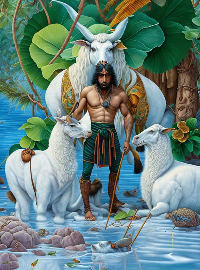 Muscular man with beard in lush jungle with mythical goats and exotic plants