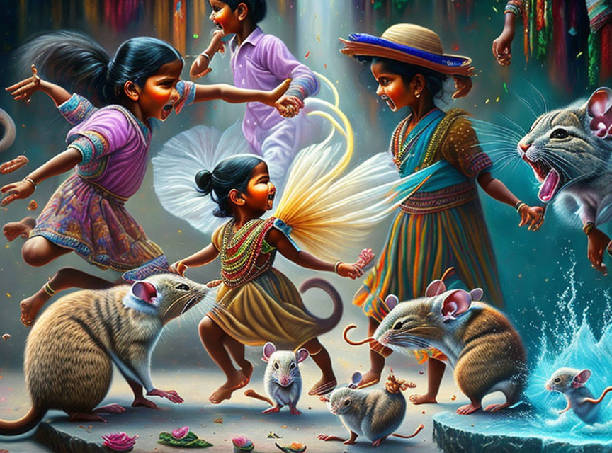 Vibrant scene: Children and rats playing with colors and water