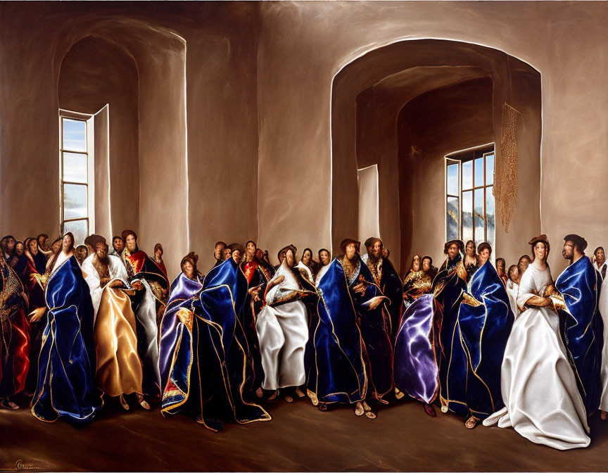 Elegantly dressed historical figures in a spacious room