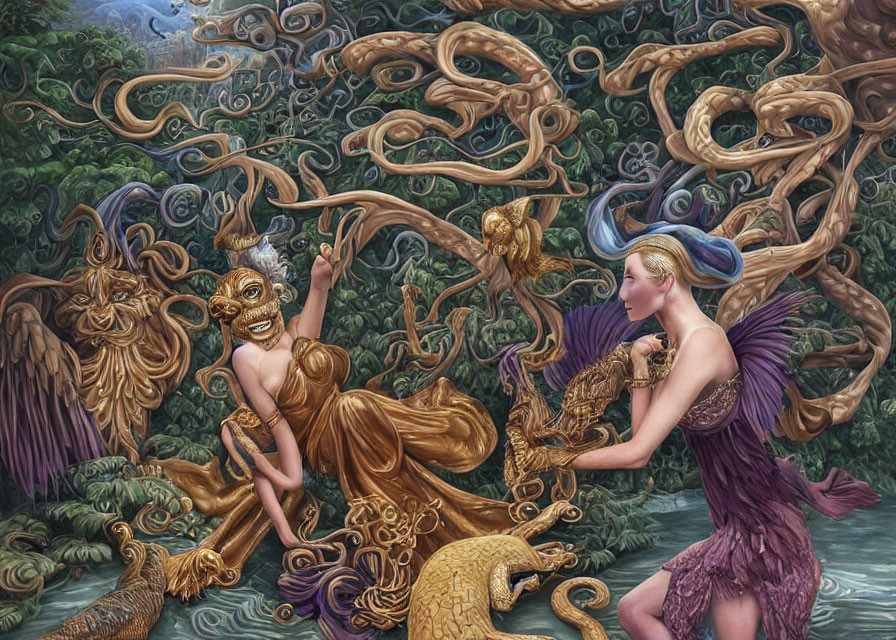 Surreal painting featuring golden figure, masked woman, and mystical creatures.