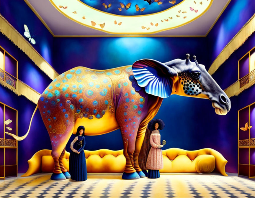 Surrealist artwork: giraffe with peacock pattern, elegant figures, butterflies