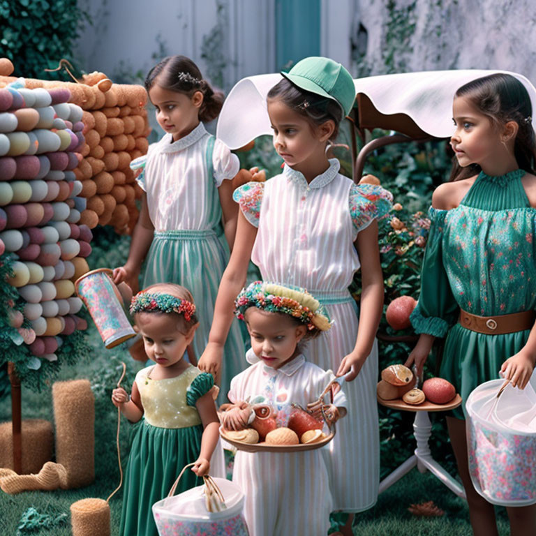 Four girls in vintage-style dresses at outdoor gathering with pastel balloon arch