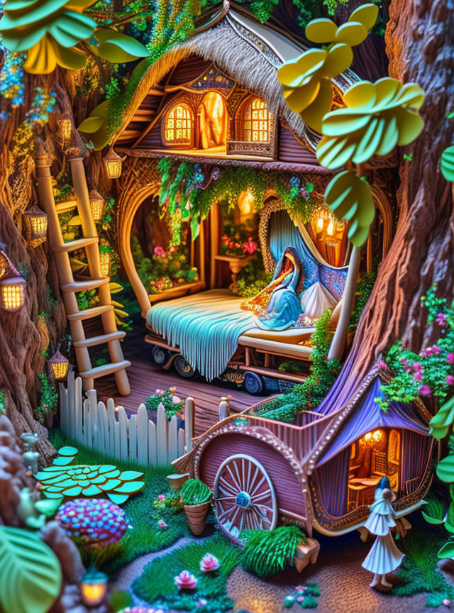 Vibrant fairy-tale cottage illustration in a tree