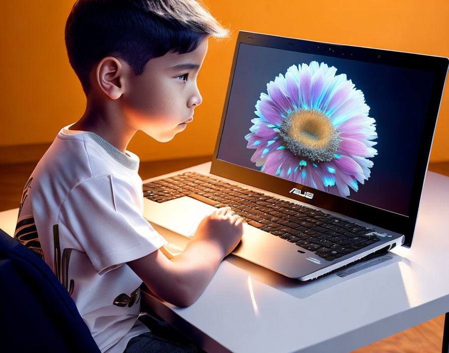 Child admiring vibrant flower on Asus laptop screen in warm light