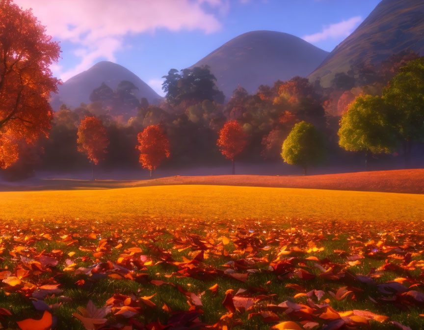 Autumn Landscape with Golden Leaves and Fiery Trees