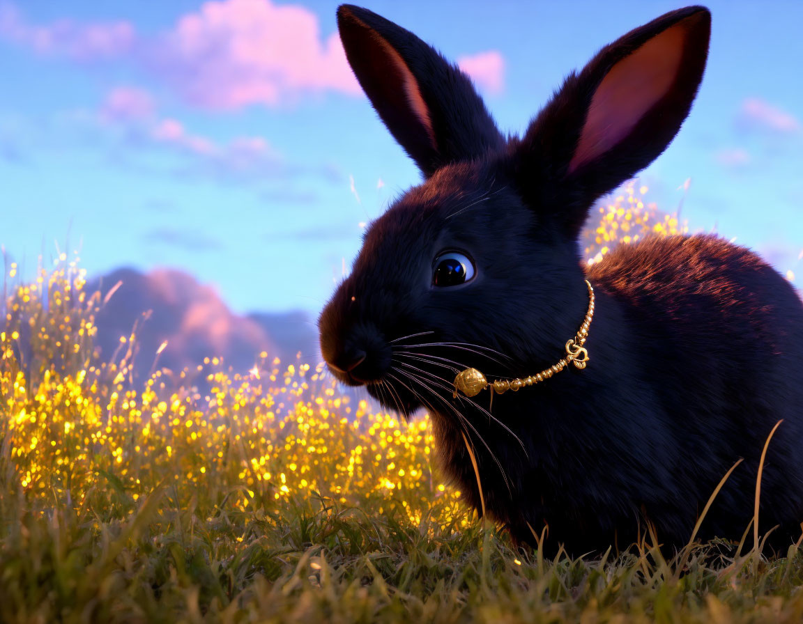 Black rabbit with gold bell collar in glowing flower field at sunset