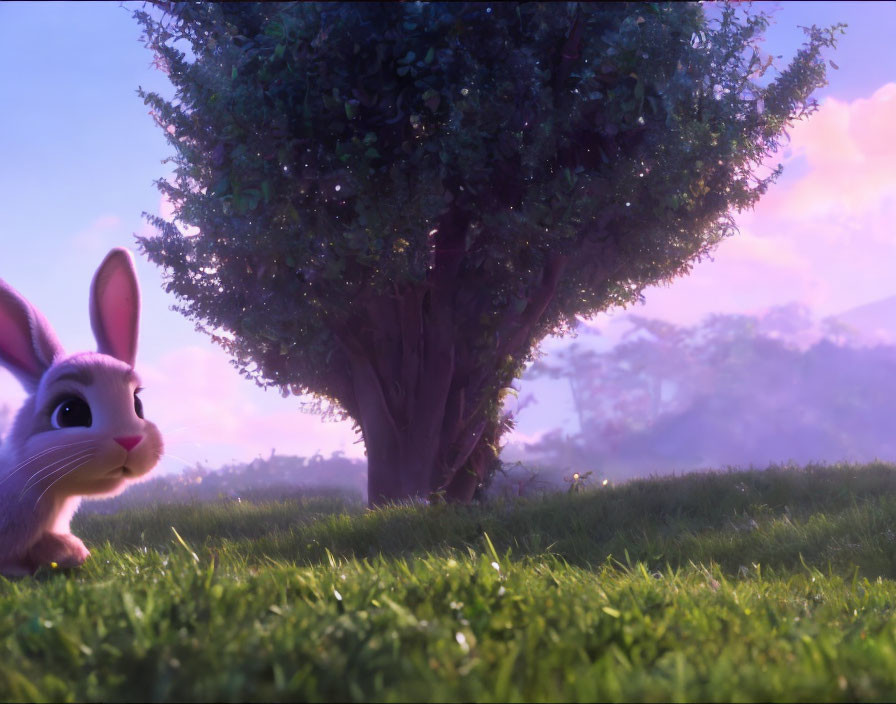 Animated rabbit peeking with lush tree under purple sky