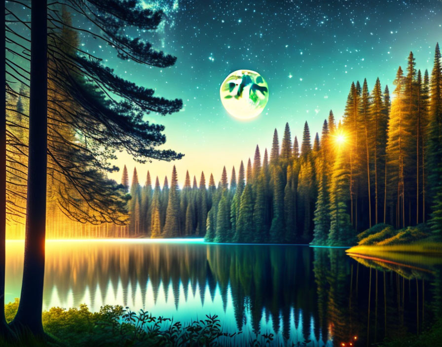 Serene forest and lake under starry sky with oversized Earth - digital art.