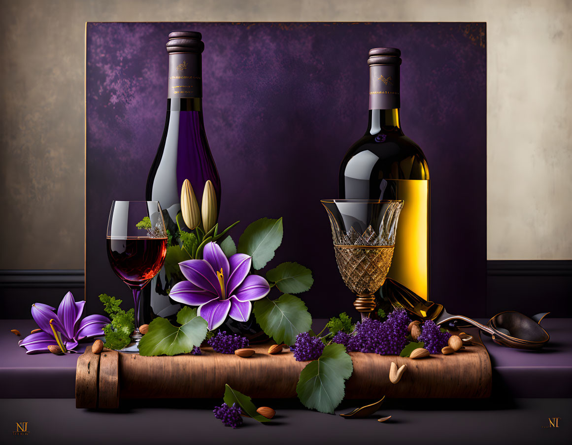 Classic Still Life with Wine Bottles, Glass, Flowers, Grapes, Nuts, and Scroll