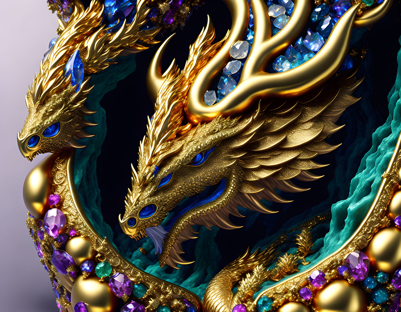 Detailed Image: Two Golden Dragons with Blue Eyes and Jewels on Textured Background