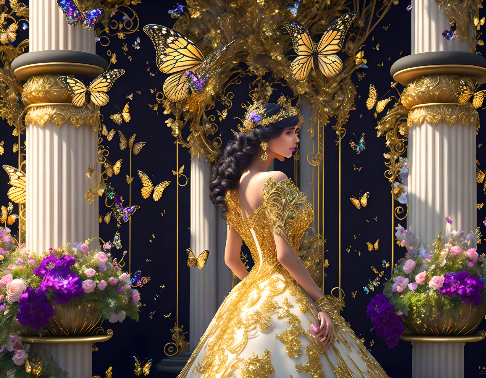 Elaborate gold gown woman among ornate pillars and golden butterflies