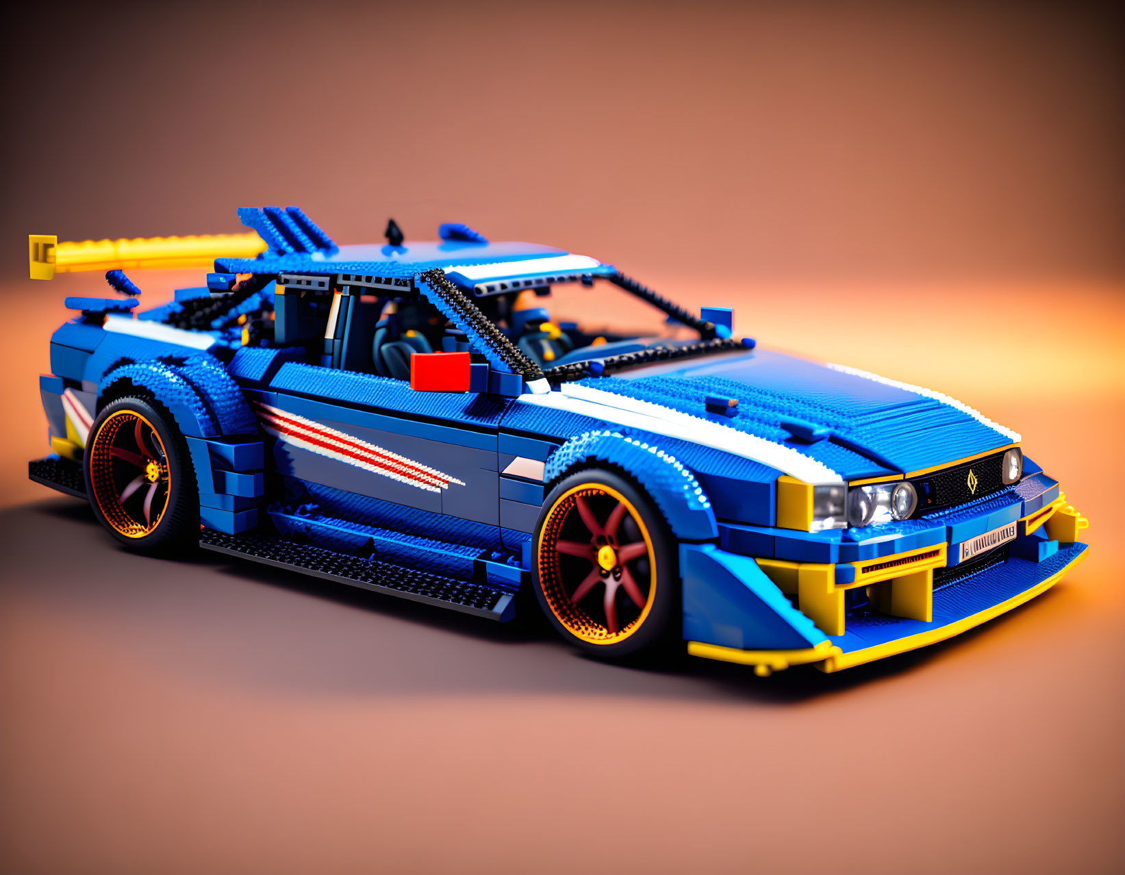 Blue Sports Car LEGO Model with Red and White Stripes on Gradient Background