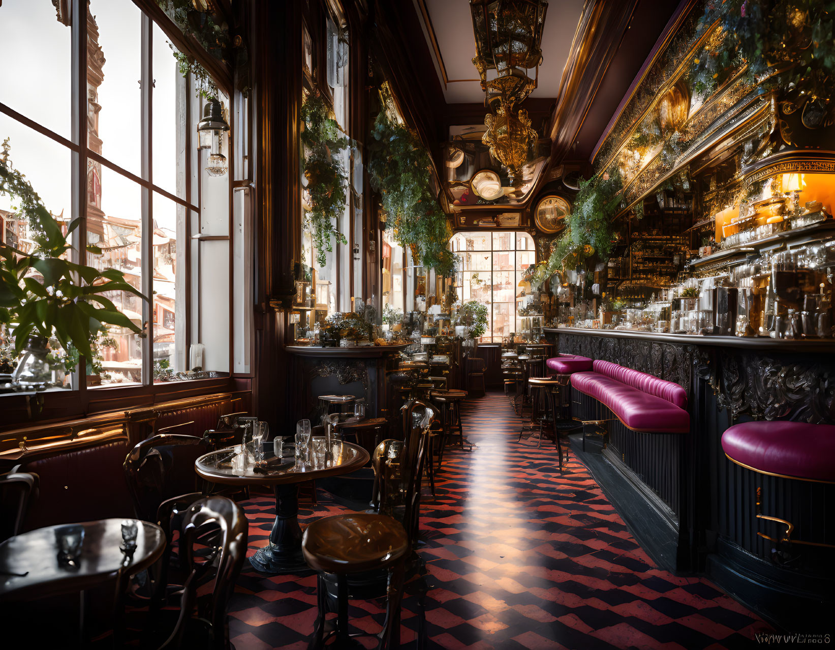 Vintage Café Interior: Ornate Woodwork, Red Seating, Checkered Floor, Golden Accents